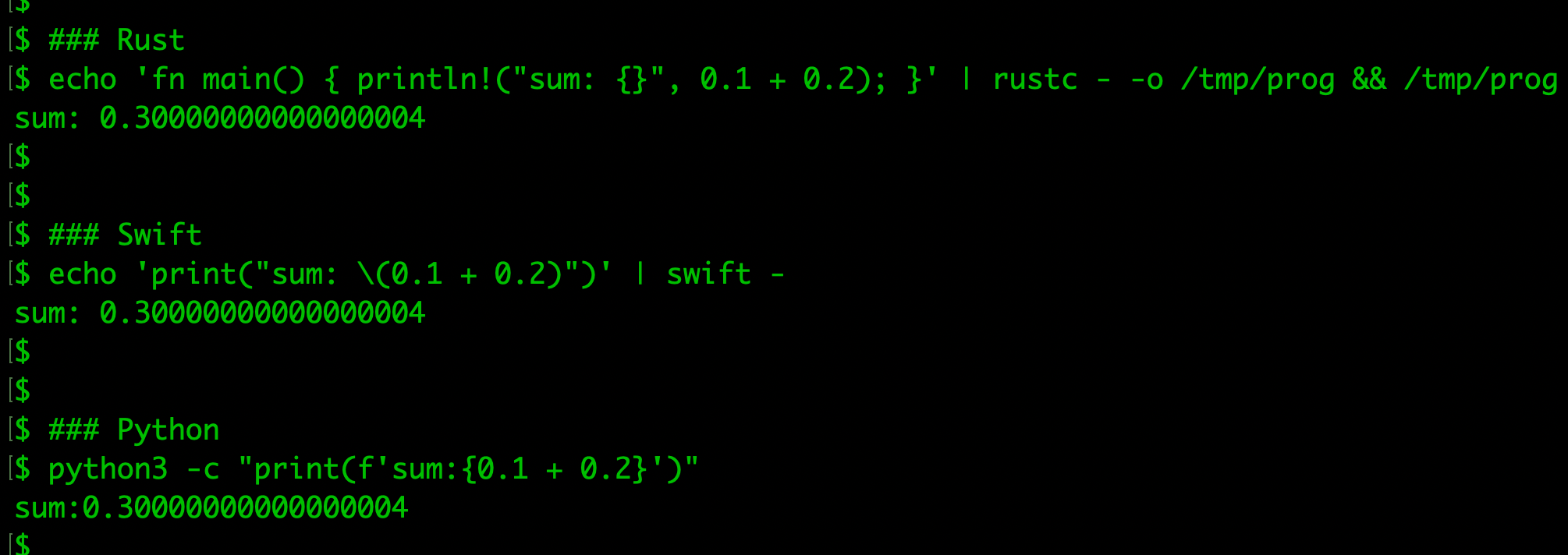 Terminal running the same 0.1 + 0.2 calculation in Rust, Swift, and Python, each printing sum: 0.30000000000000004